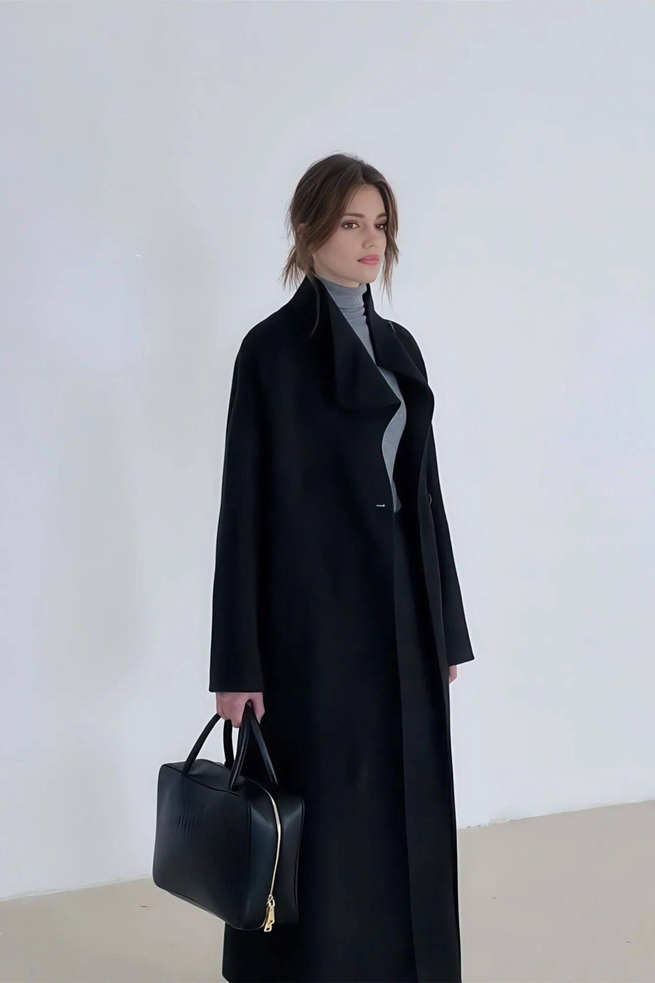 Long Wool Coat - High-Neck Luxe Winter Overcoat 100% Wool