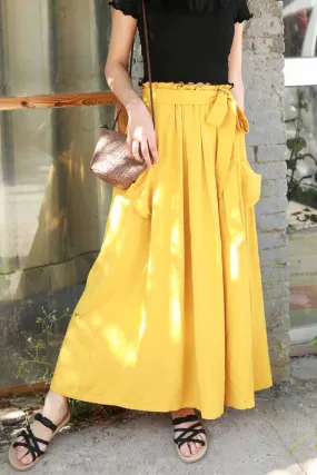maxi linen skirt with elasit waist and self belt 2167#