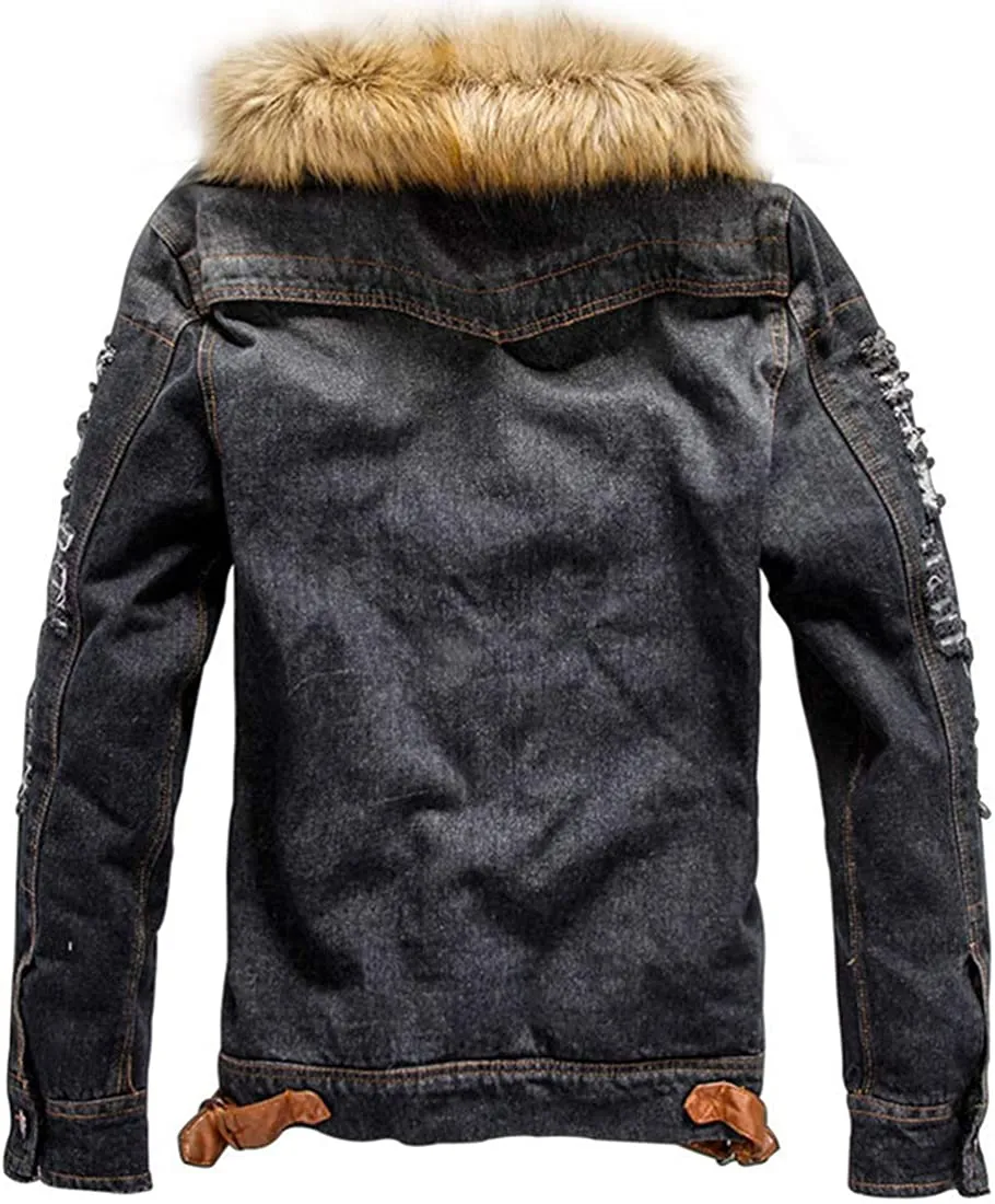 Men's Faux Fur Collar Ripped Denim Trucker Jacket