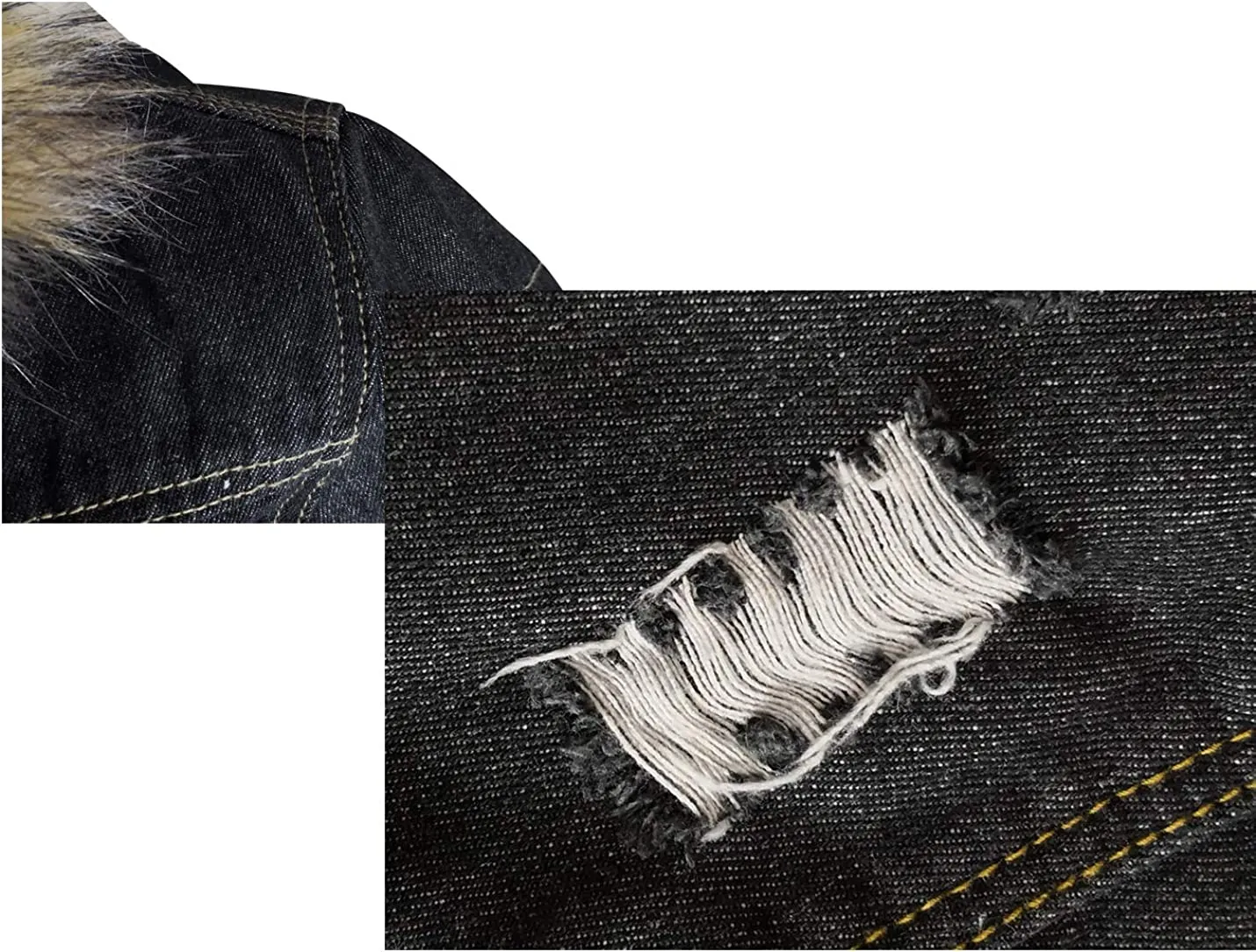 Men's Faux Fur Collar Ripped Denim Trucker Jacket