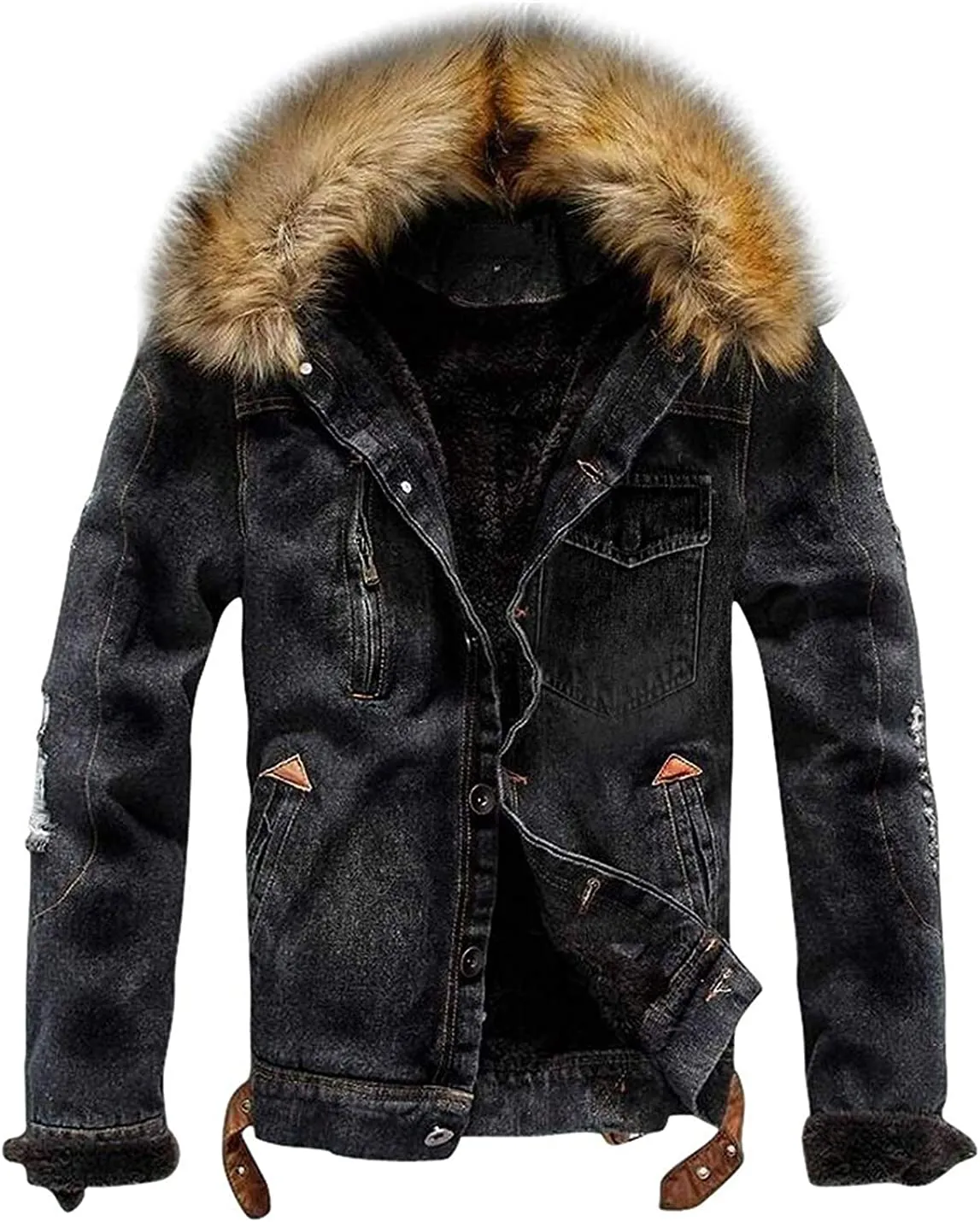 Men's Faux Fur Collar Ripped Denim Trucker Jacket