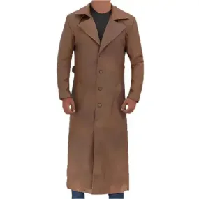Men's Long Brown Leather Trench Coat - Stylish & Classic