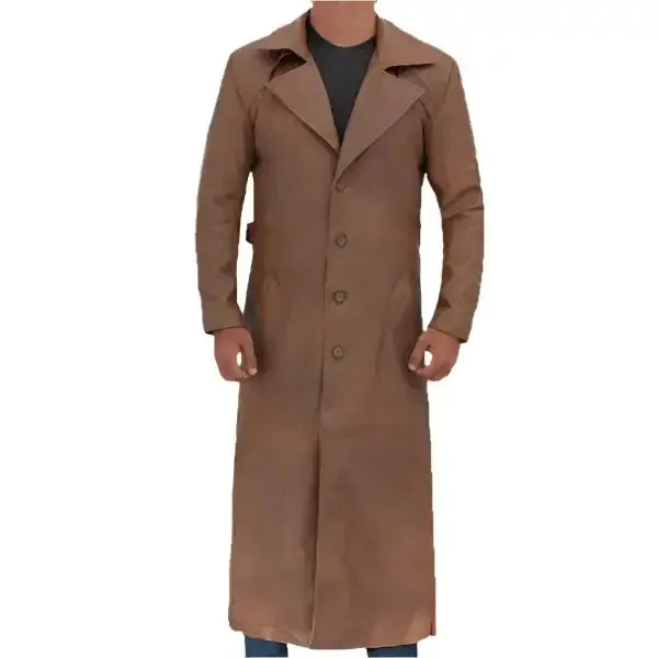 Men's Long Brown Leather Trench Coat - Stylish & Classic