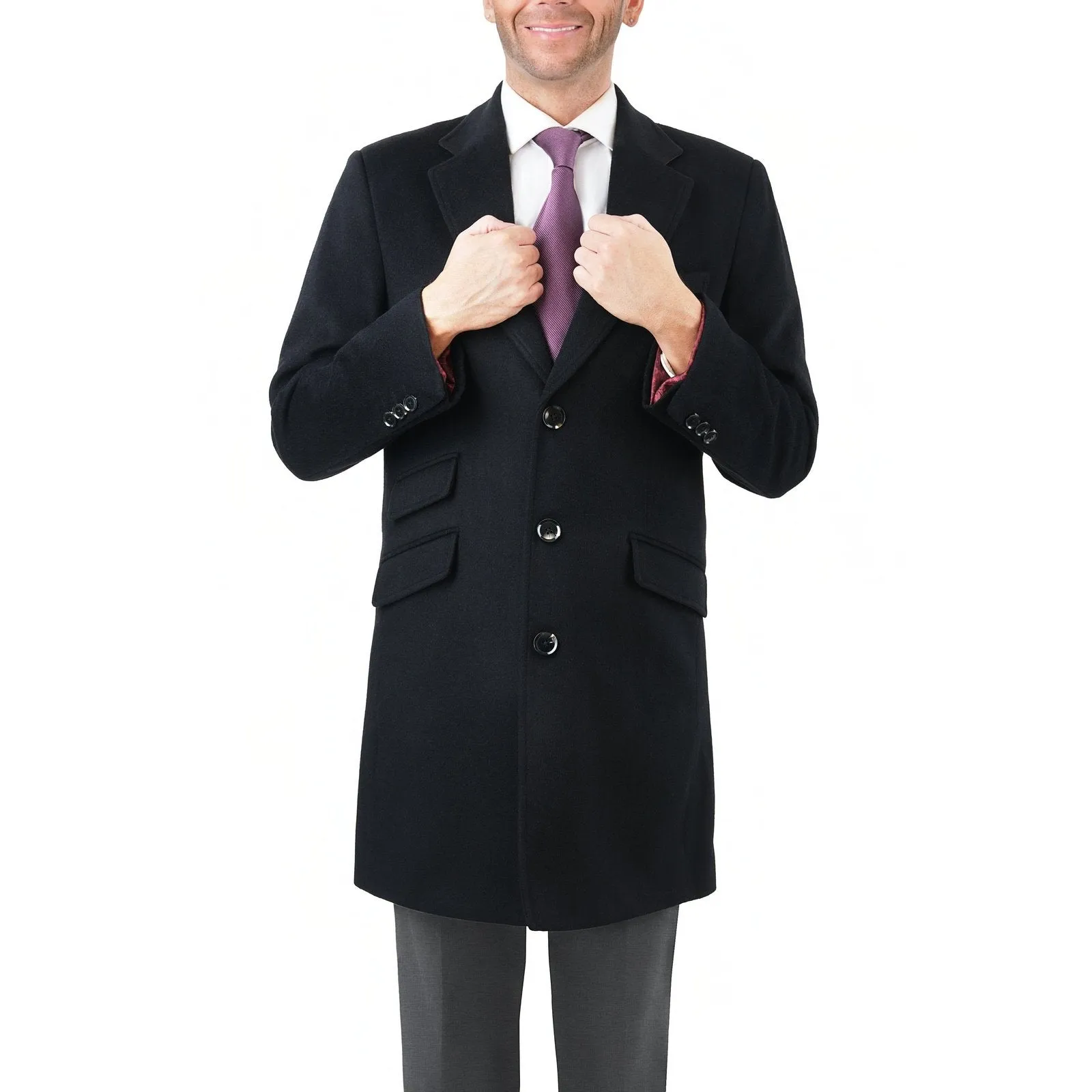 Men's Wool Cashmere Single Breasted Black 3/4 Length Car Coat Top Coat