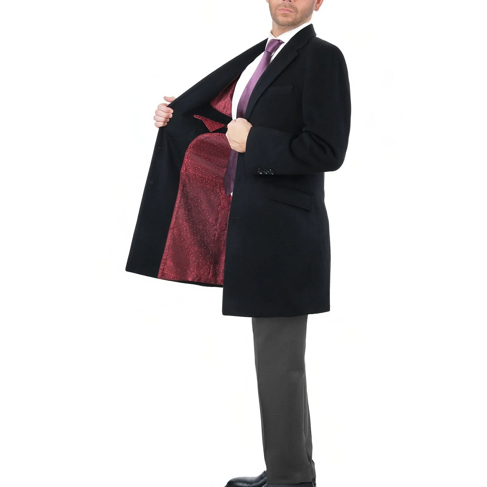 Men's Wool Cashmere Single Breasted Black 3/4 Length Car Coat Top Coat
