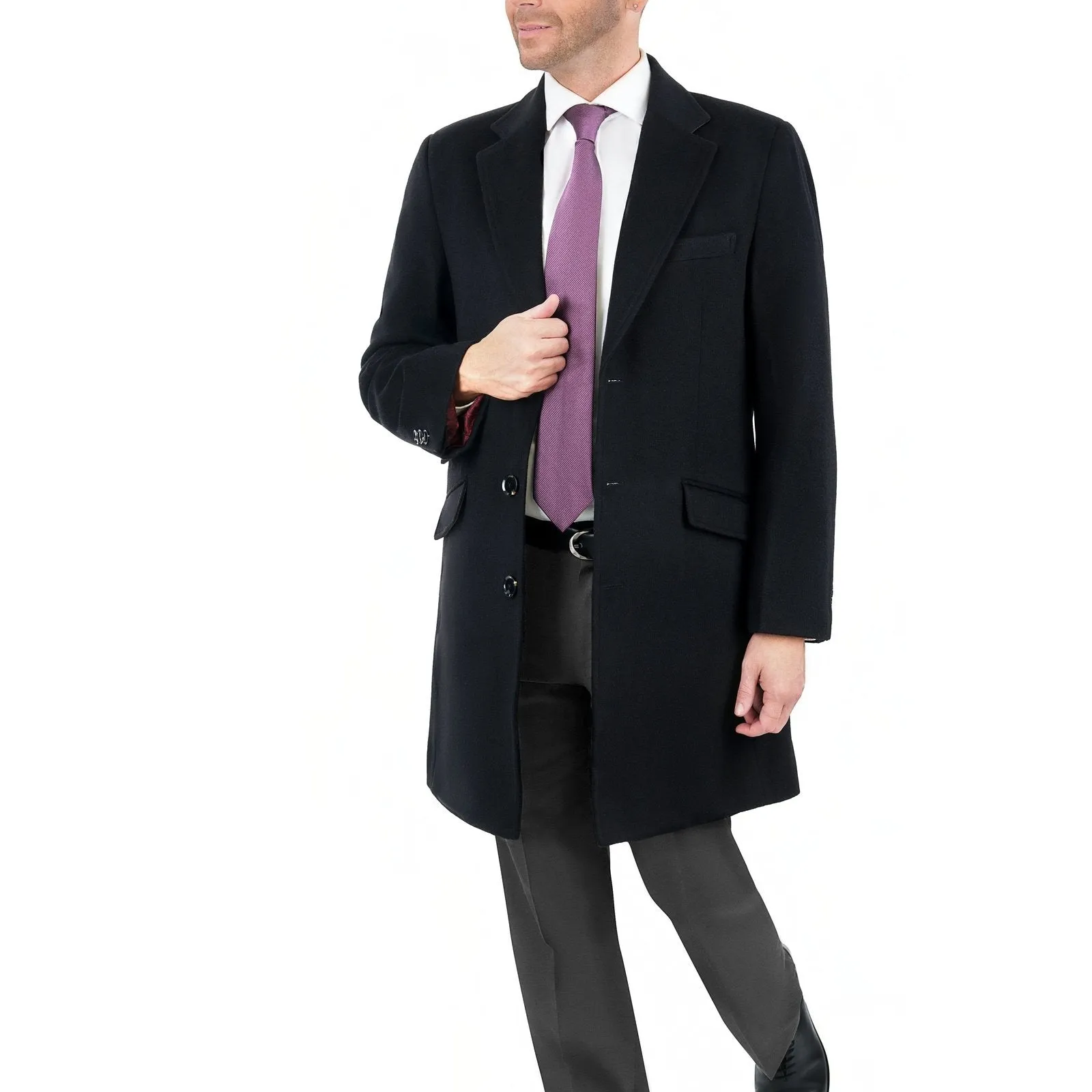 Men's Wool Cashmere Single Breasted Black 3/4 Length Car Coat Top Coat