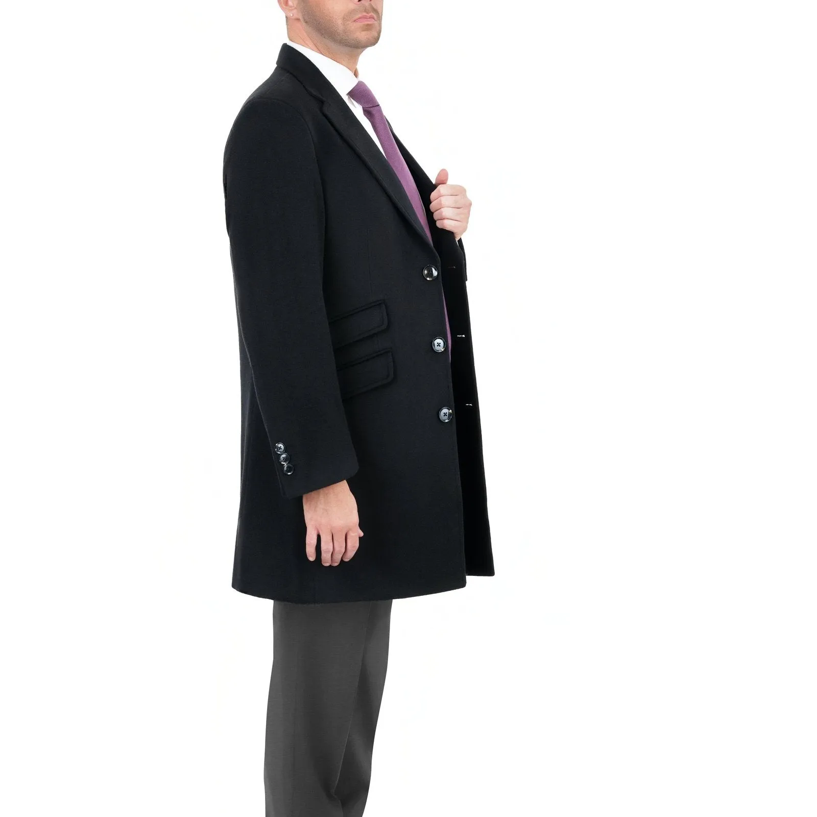 Men's Wool Cashmere Single Breasted Black 3/4 Length Car Coat Top Coat