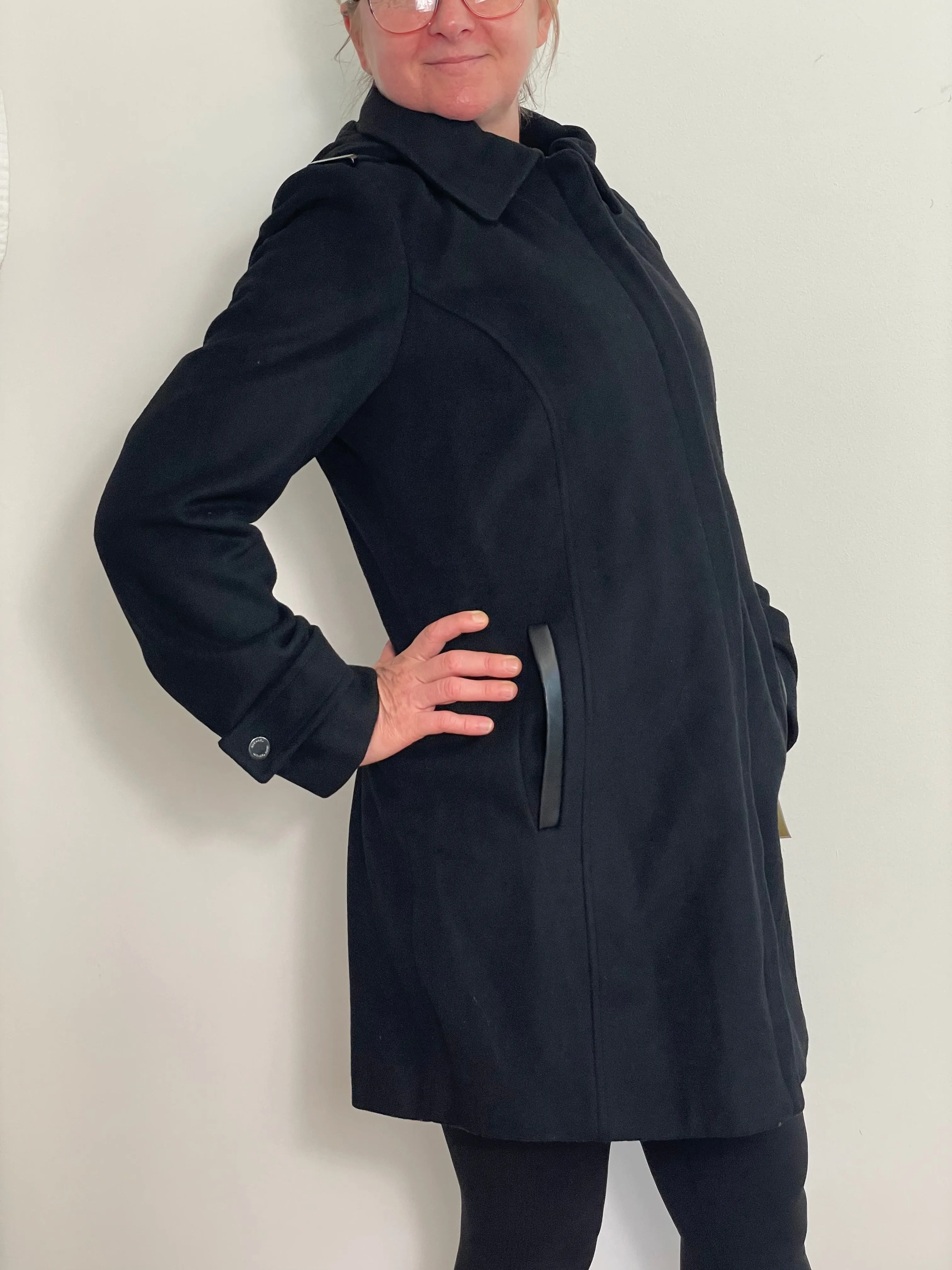 Michael Kors Women’s Faux Leather Trim Hooded Wool Blend Coat
