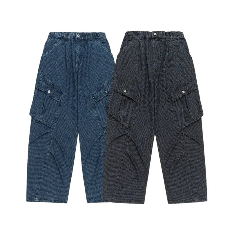 Mini check denim cargo jeans
