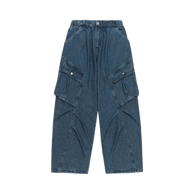 Mini check denim cargo jeans