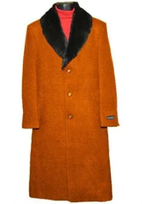 Moscow: MEN'S FUR COLLAR RUST 3 BUTTON SINGLE BREASTED WOOL FULL LENGTH OVERCOAT