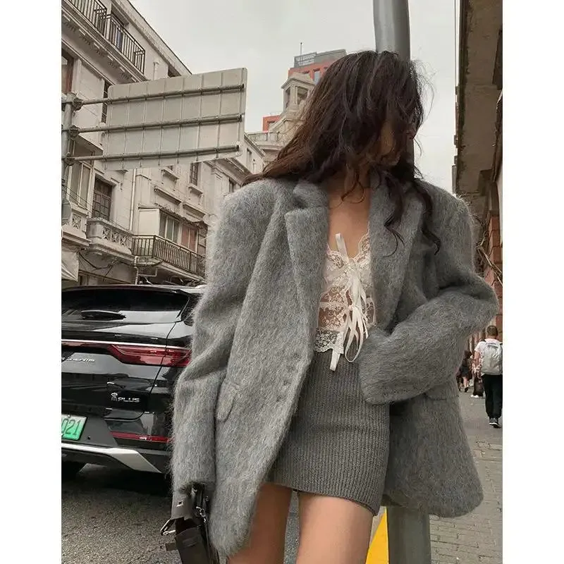 Mqtime Pink Lambwool Lapel Women Elegant Soft Coat Full Sleeve Single Button Oversize Loose Overcoat Autumn Winter Chic Streetwear