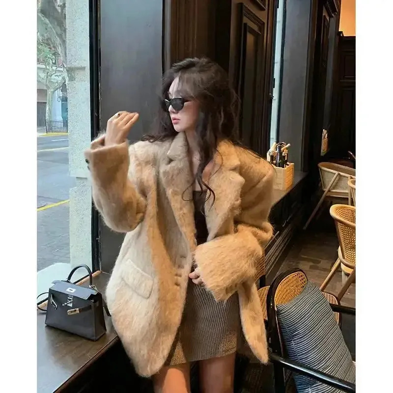 Mqtime Pink Lambwool Lapel Women Elegant Soft Coat Full Sleeve Single Button Oversize Loose Overcoat Autumn Winter Chic Streetwear