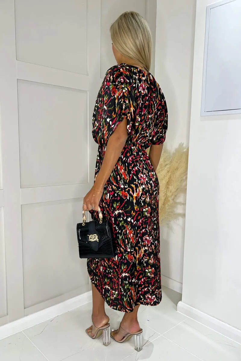 Multi Print Batwing Top Wrap Skirt Midi Dress