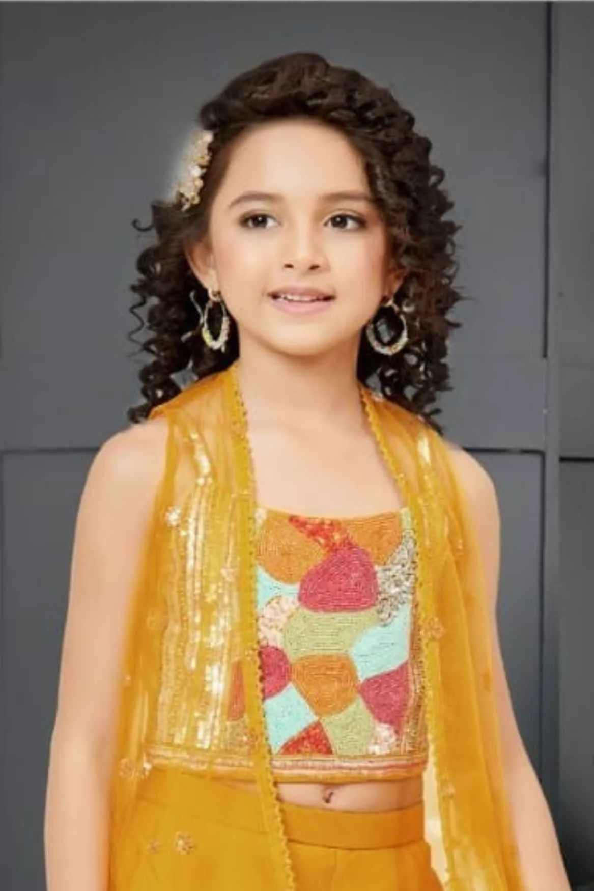 Mustard Sleeveless And Bead Worked Palazzo Set With Overcoat For Girls
