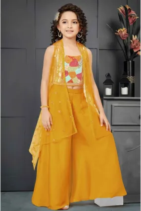 Mustard Sleeveless And Bead Worked Palazzo Set With Overcoat For Girls