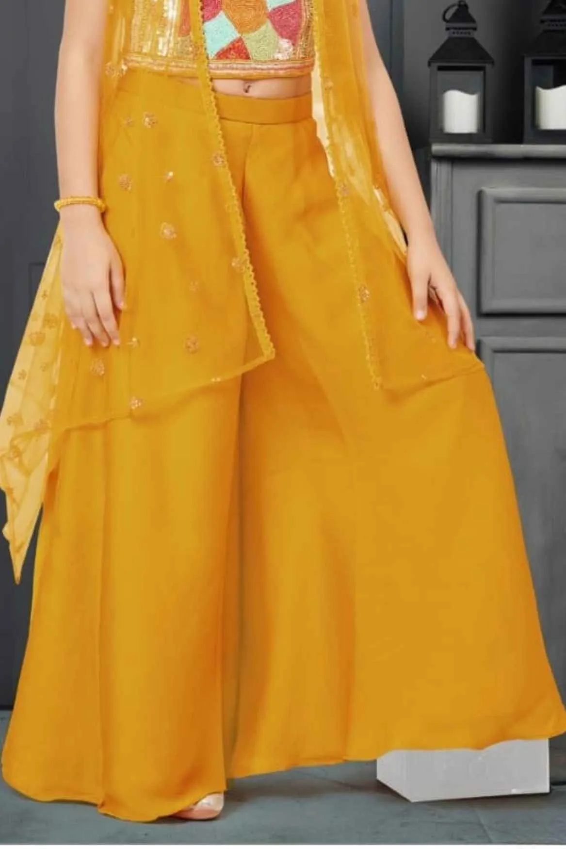 Mustard Sleeveless And Bead Worked Palazzo Set With Overcoat For Girls
