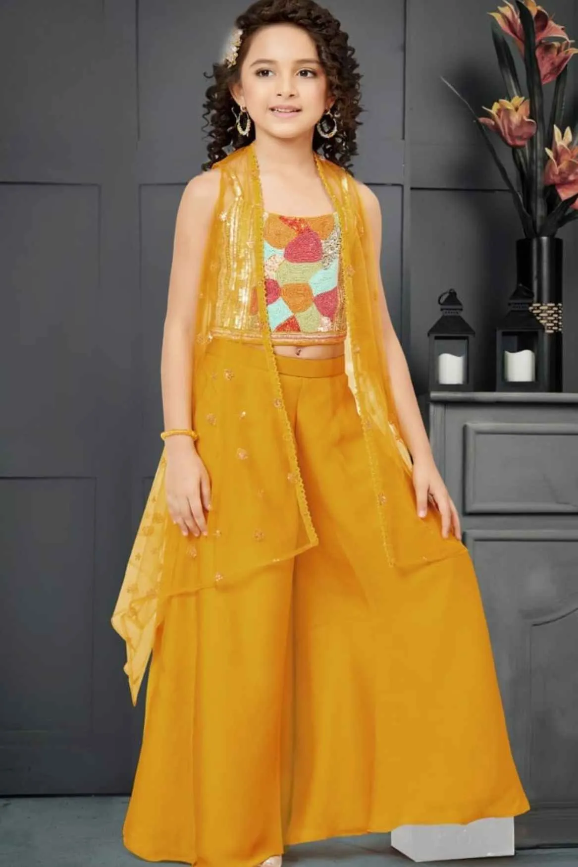 Mustard Sleeveless And Bead Worked Palazzo Set With Overcoat For Girls