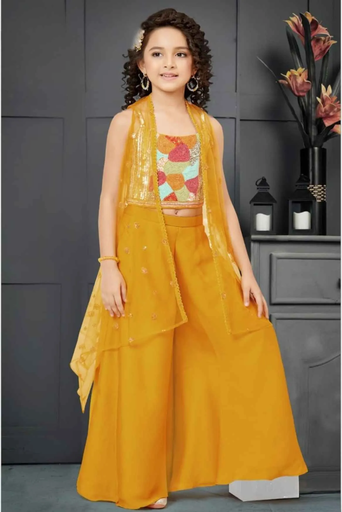 Mustard Sleeveless And Bead Worked Palazzo Set With Overcoat For Girls