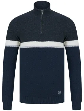 Nimri Cotton Rich Quarter Zip Funnel Neck Knitted Colour Block Jumper in Navy - Tokyo Laundry