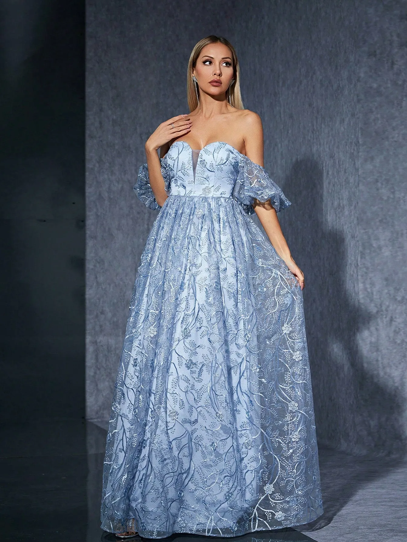 Off Shoulder Mesh Floral Embroidered Evening Dress