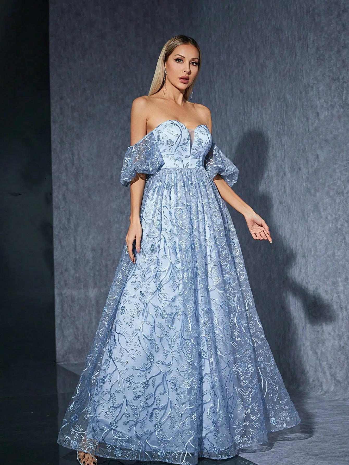 Off Shoulder Mesh Floral Embroidered Evening Dress