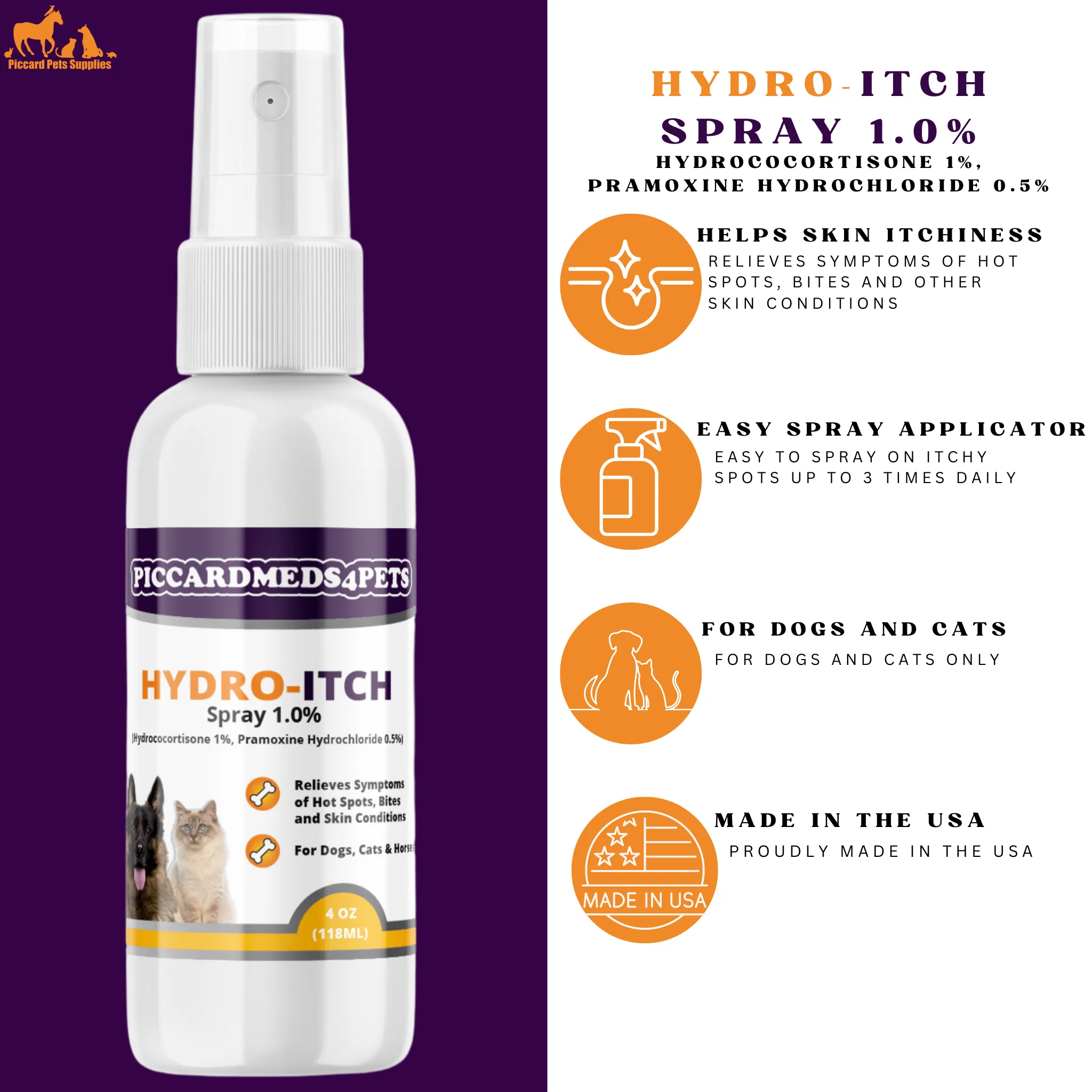 Piccardmeds4pets Hydro-Itch Spray 1.0 % for Dogs Cats & Horses 4 oz.