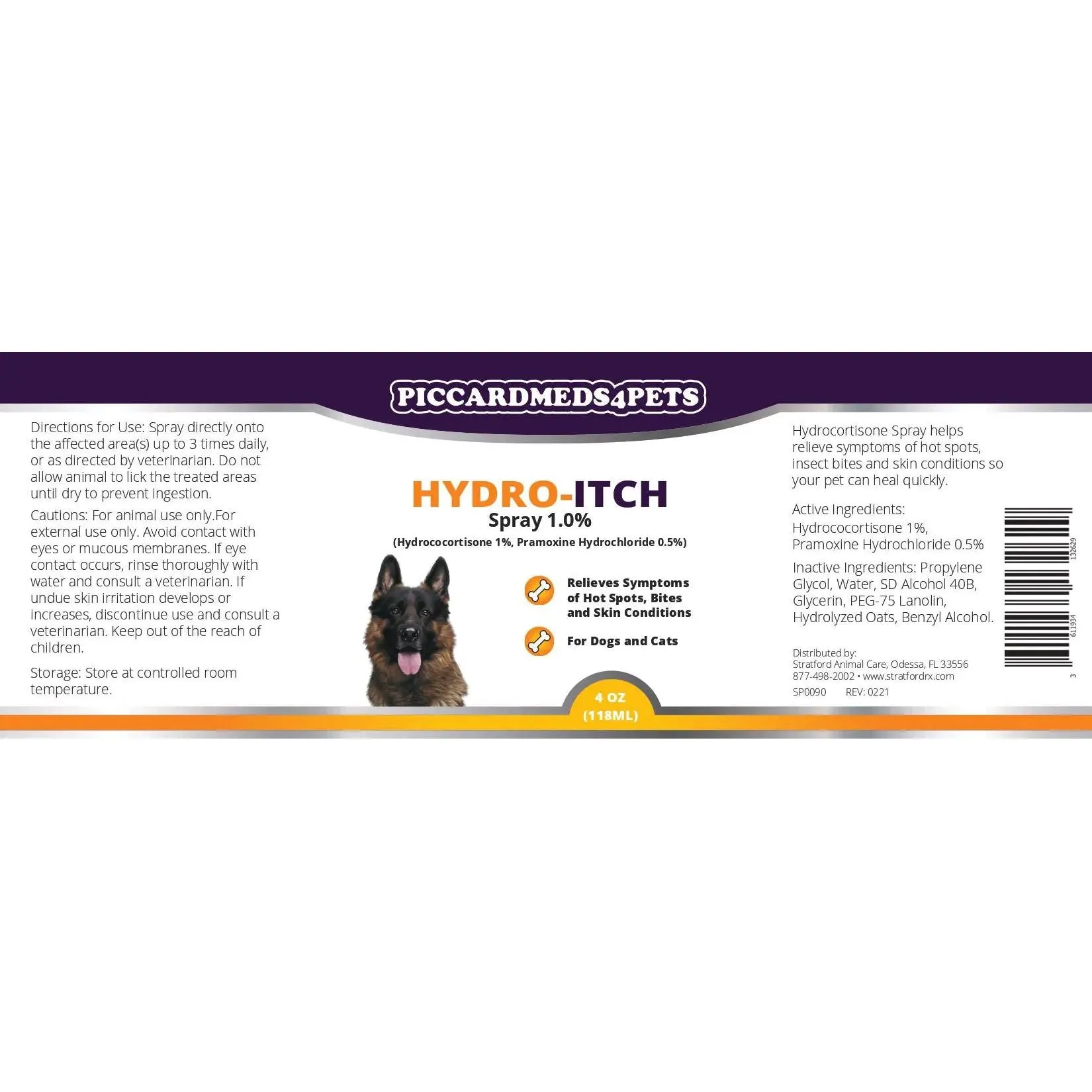 Piccardmeds4pets Hydro-Itch Spray 1.0 % for Dogs Cats & Horses 4 oz.