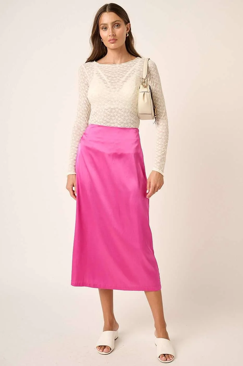 Pink Stretch Satin Side Slit Midi Skirt