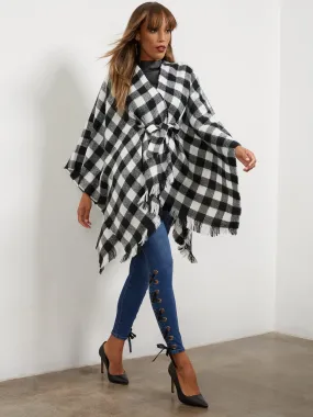 Plaid Tie-Front Poncho
