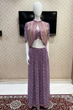 Purple Digital Print, Sequins, Zari and Thread work Crop Top with Overcoat Styled Palazzo Suit Set