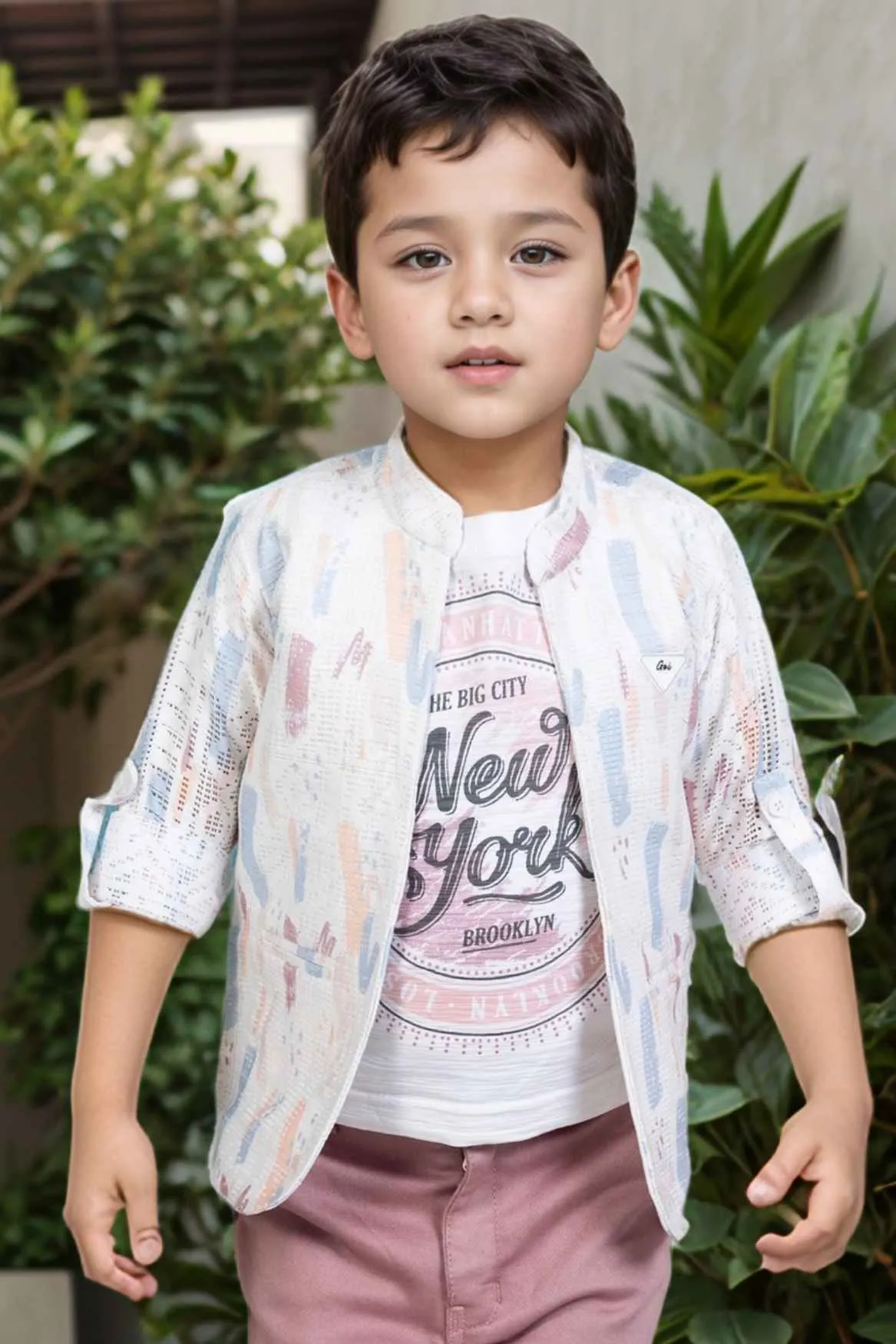Purple Overcoat With White T Shirt And Pant Set For Boys