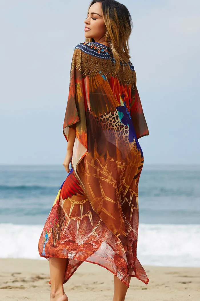 "Tia Maria" Navy & Brown Leopard Print Chiffon Poncho Cover Up