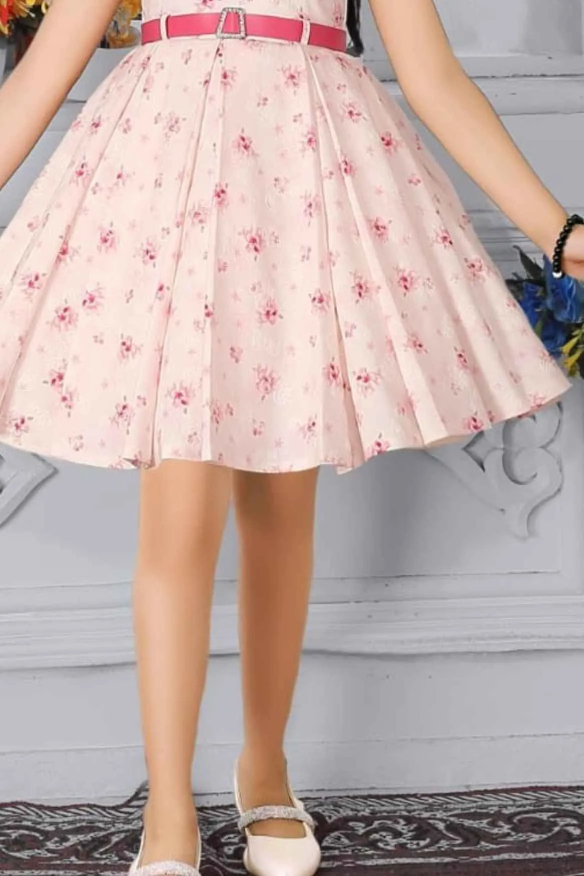 Rani Pink Printed Party Wear Frock With Crochet Overcoat For Girls