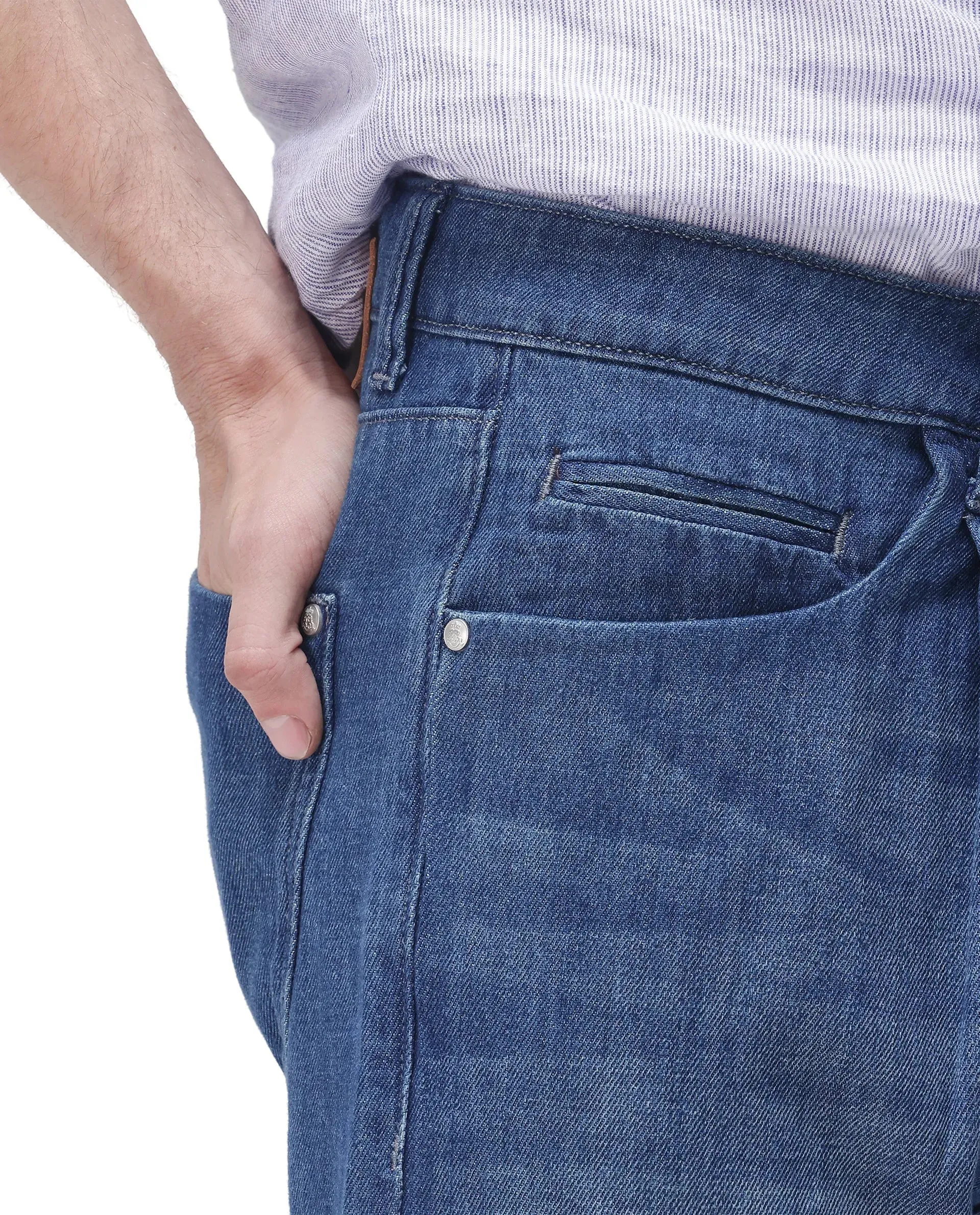 Rare Rabbit Men Bagg Blue Cotton Fabric Regular Fit Plain Denim Pant