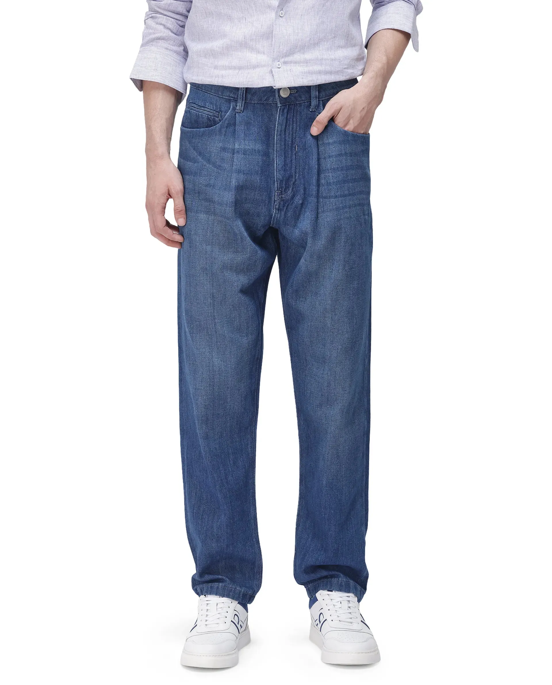 Rare Rabbit Men Bagg Blue Cotton Fabric Regular Fit Plain Denim Pant