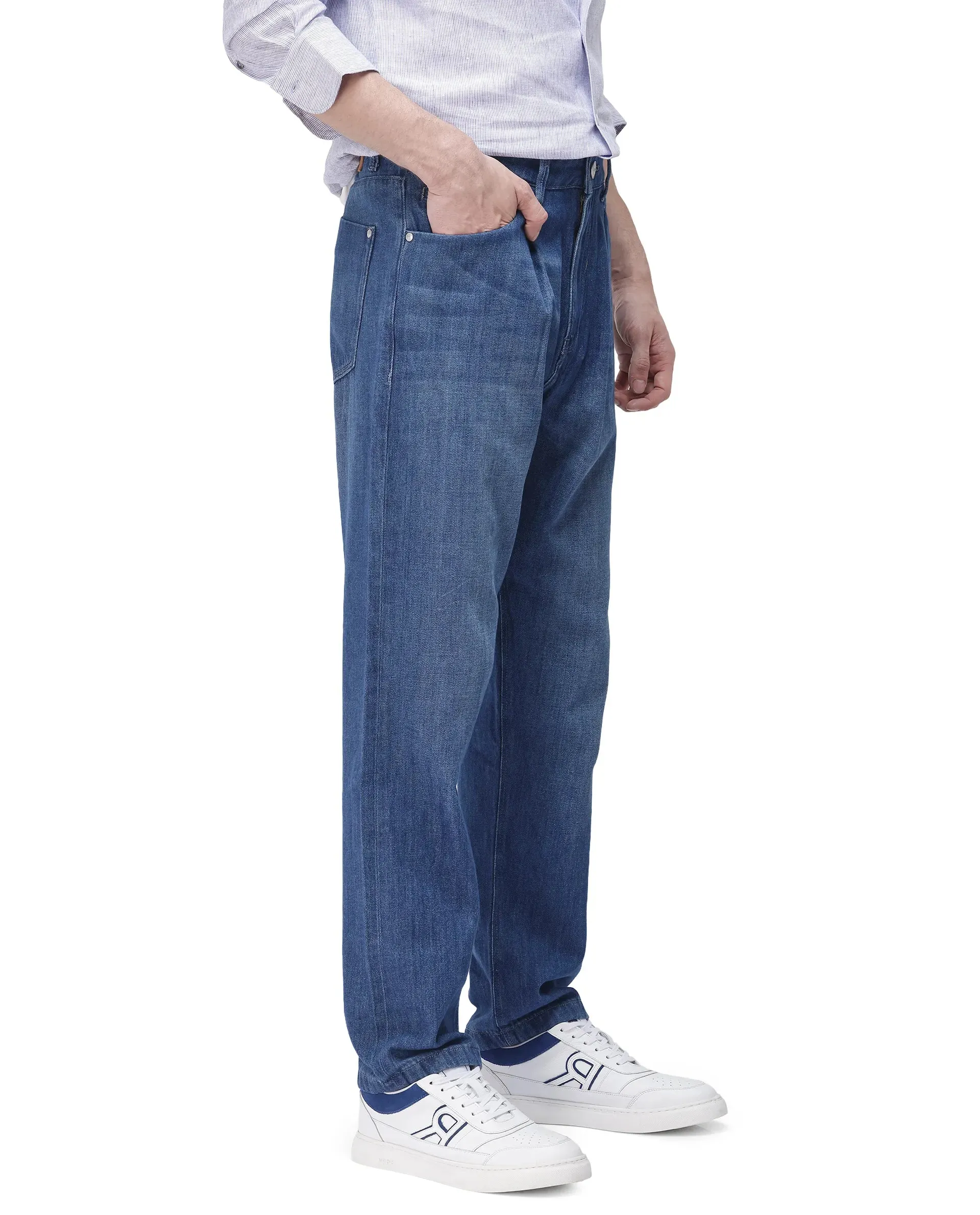 Rare Rabbit Men Bagg Blue Cotton Fabric Regular Fit Plain Denim Pant