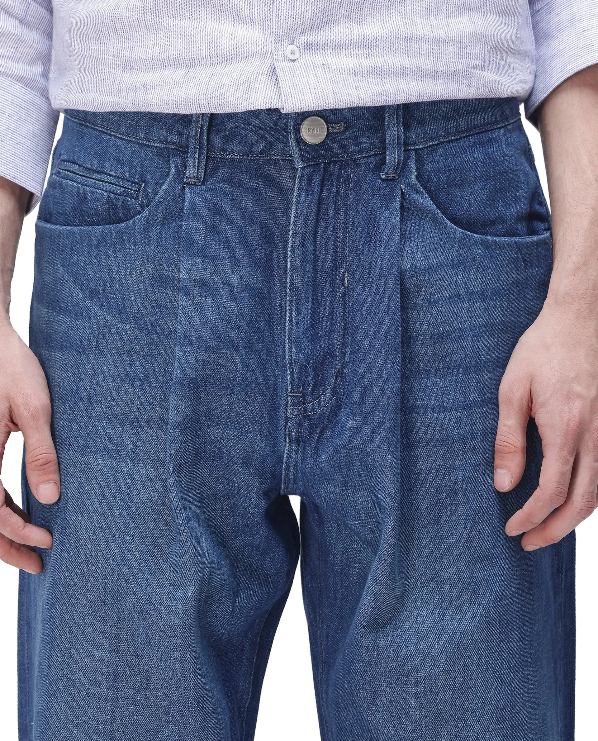Rare Rabbit Men Bagg Blue Cotton Fabric Regular Fit Plain Denim Pant