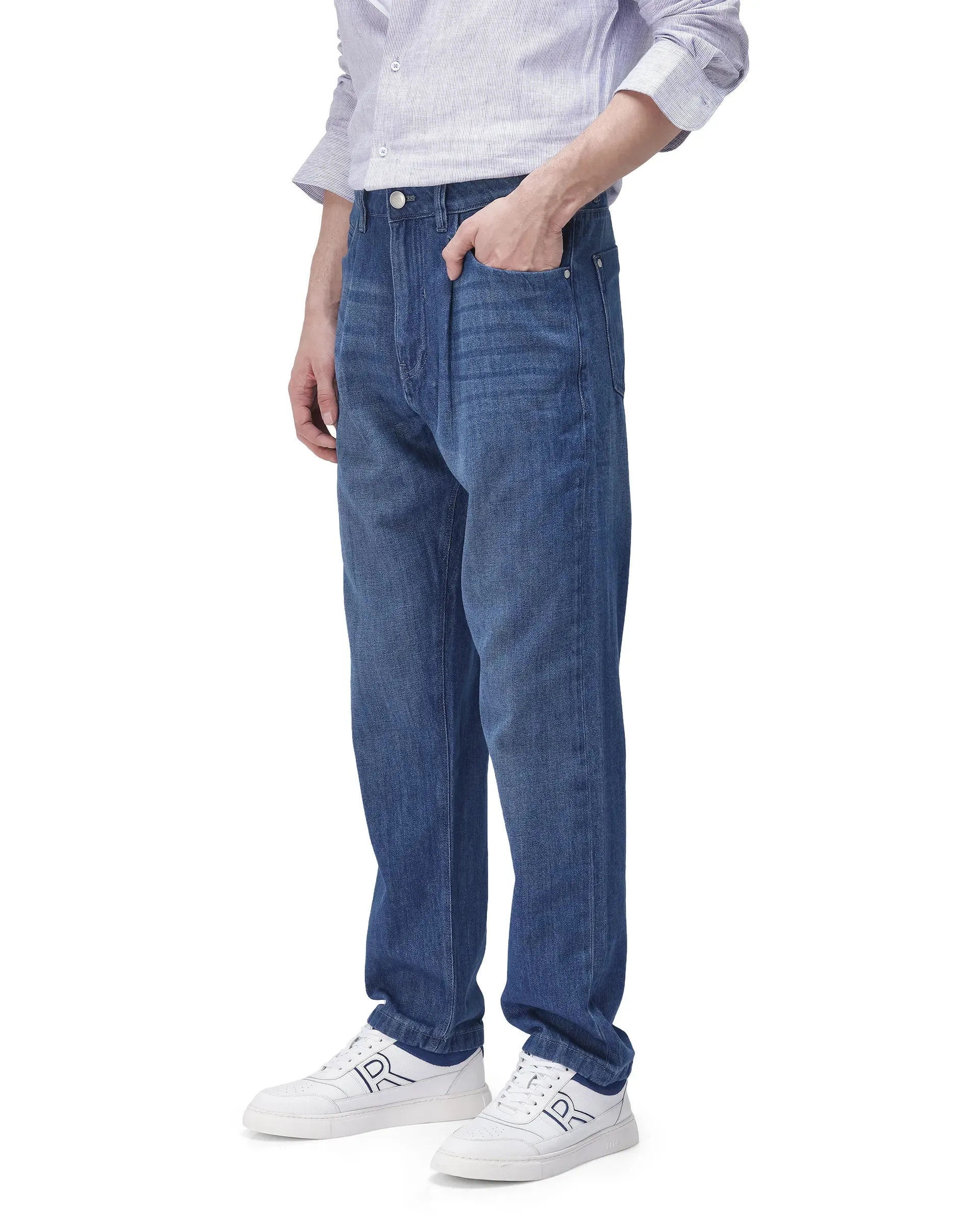 Rare Rabbit Men Bagg Blue Cotton Fabric Regular Fit Plain Denim Pant