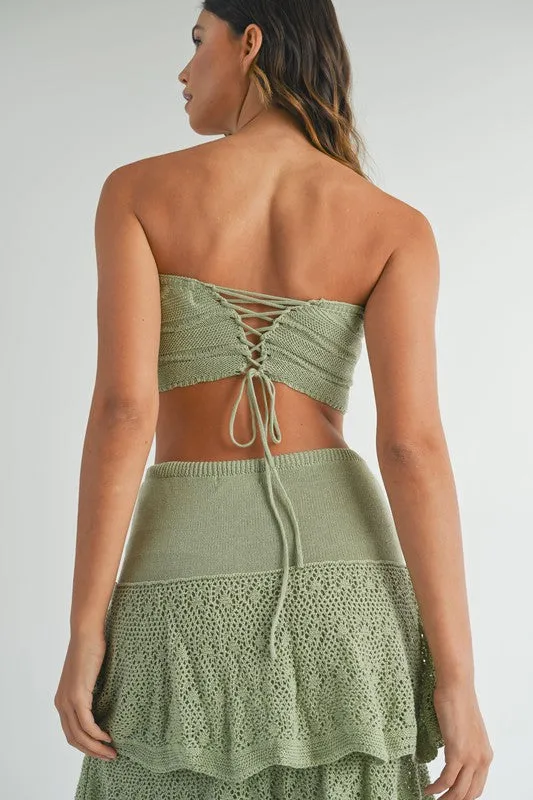 Sage Green Knit Crochet Midi Skirt Set
