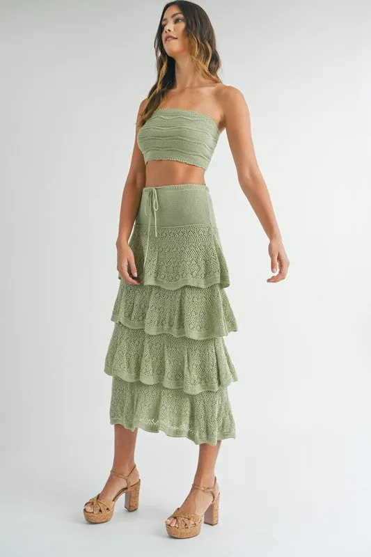 Sage Green Knit Crochet Midi Skirt Set