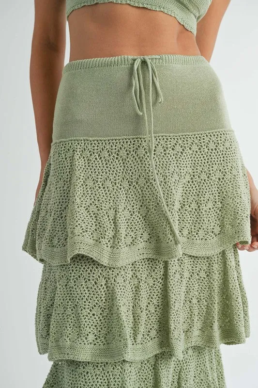 Sage Green Knit Crochet Midi Skirt Set