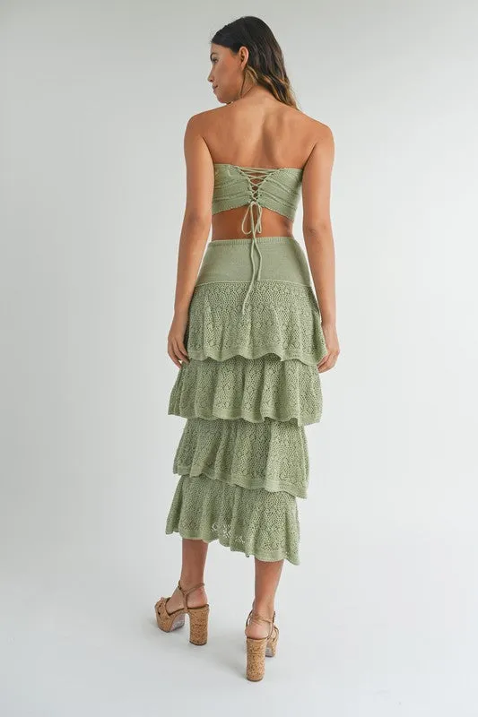 Sage Green Knit Crochet Midi Skirt Set