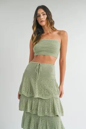 Sage Green Knit Crochet Midi Skirt Set