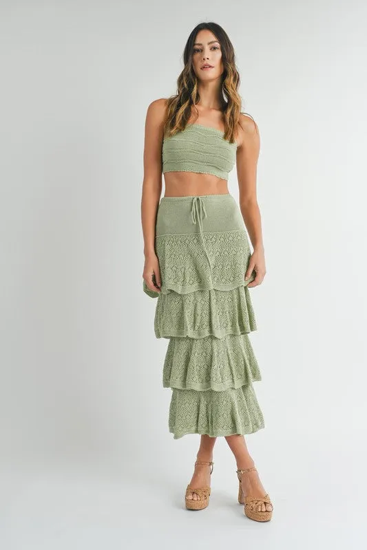 Sage Green Knit Crochet Midi Skirt Set