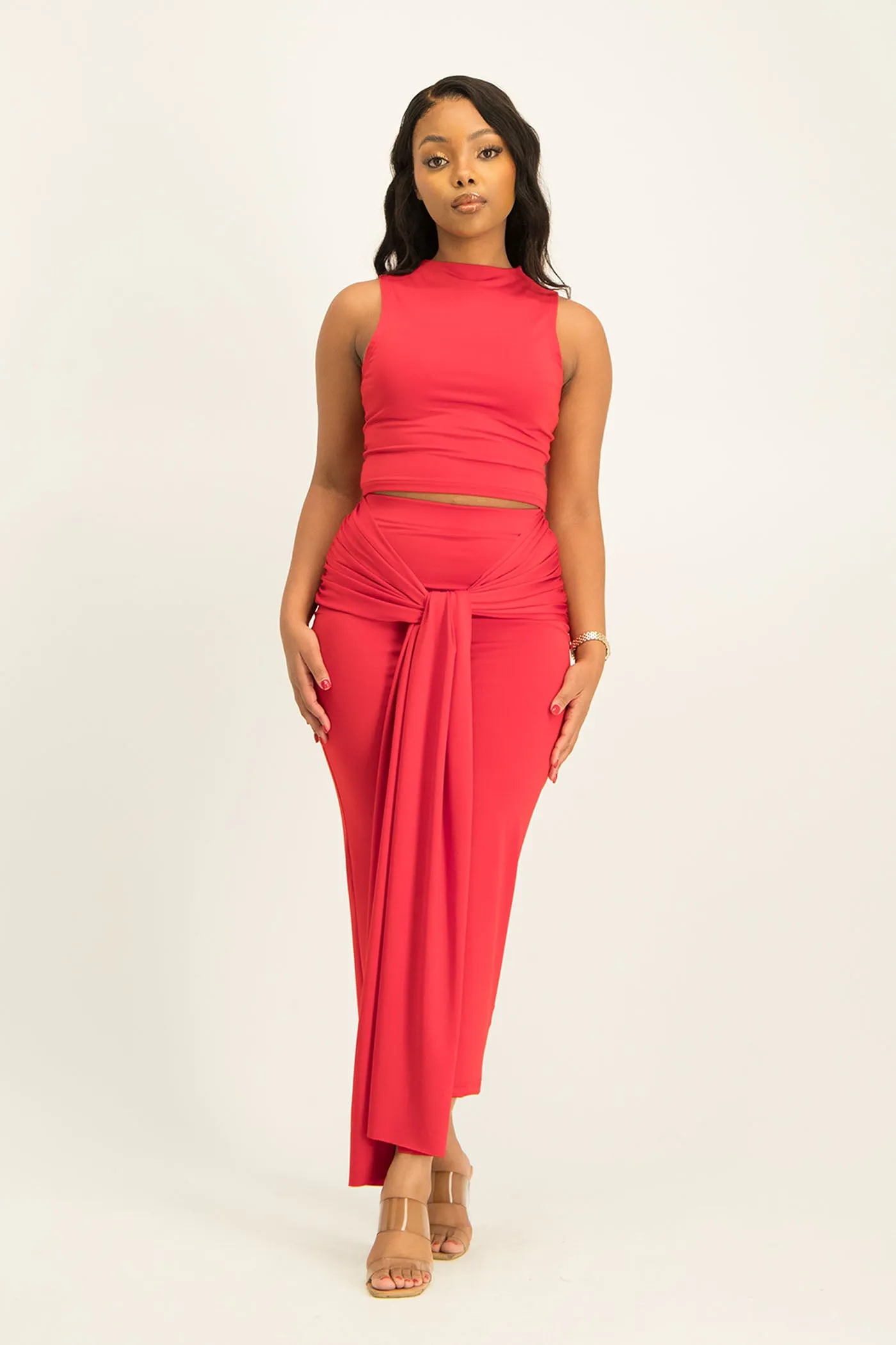 Savannah Wrap Tie Detail Skirt - Red