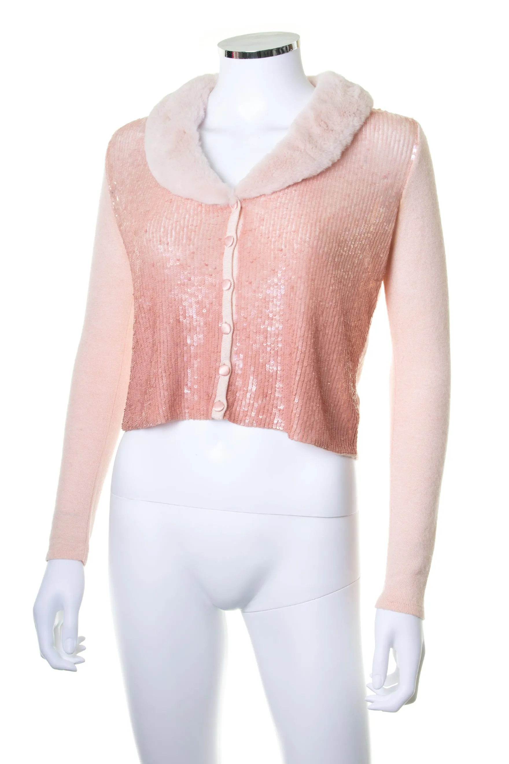 Sequin Cardigan with Fur Collar