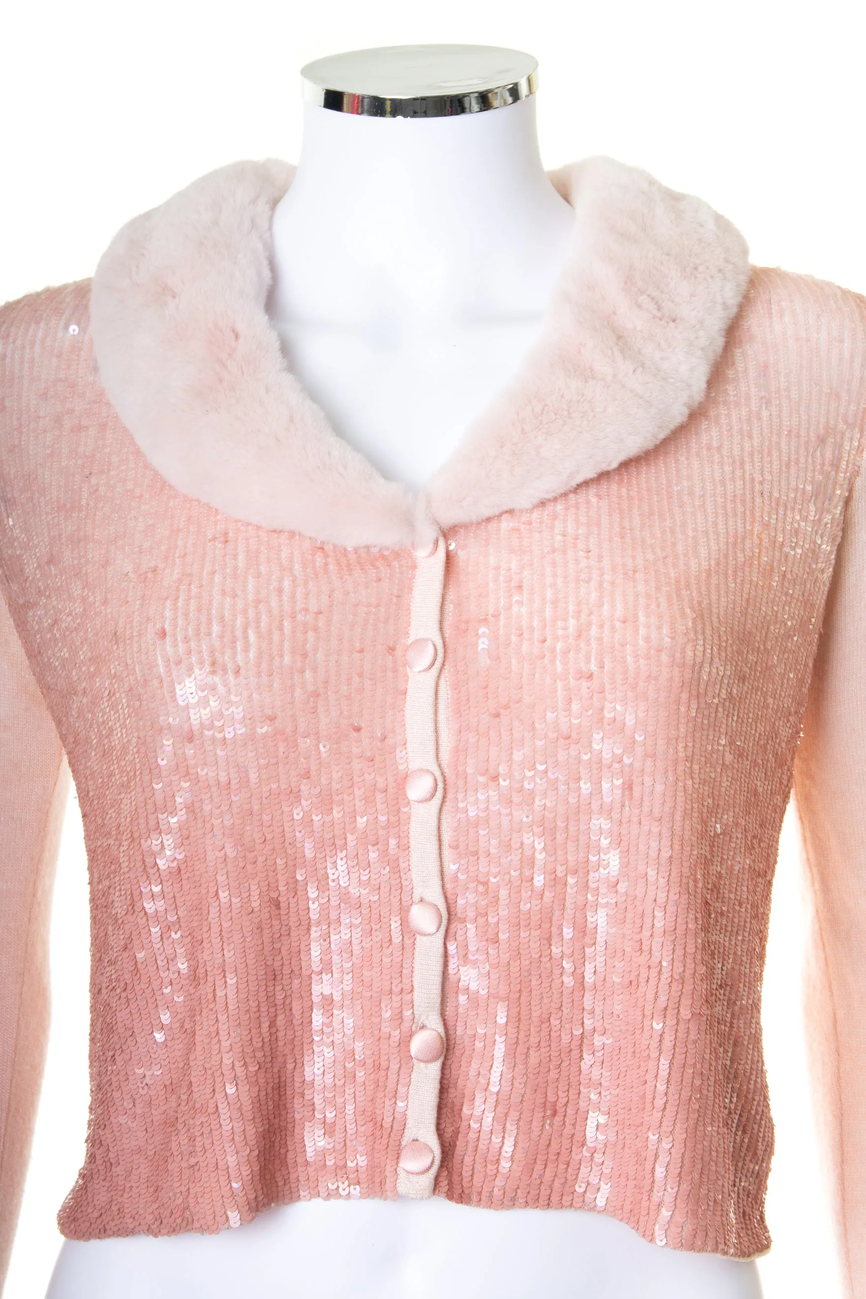 Sequin Cardigan with Fur Collar