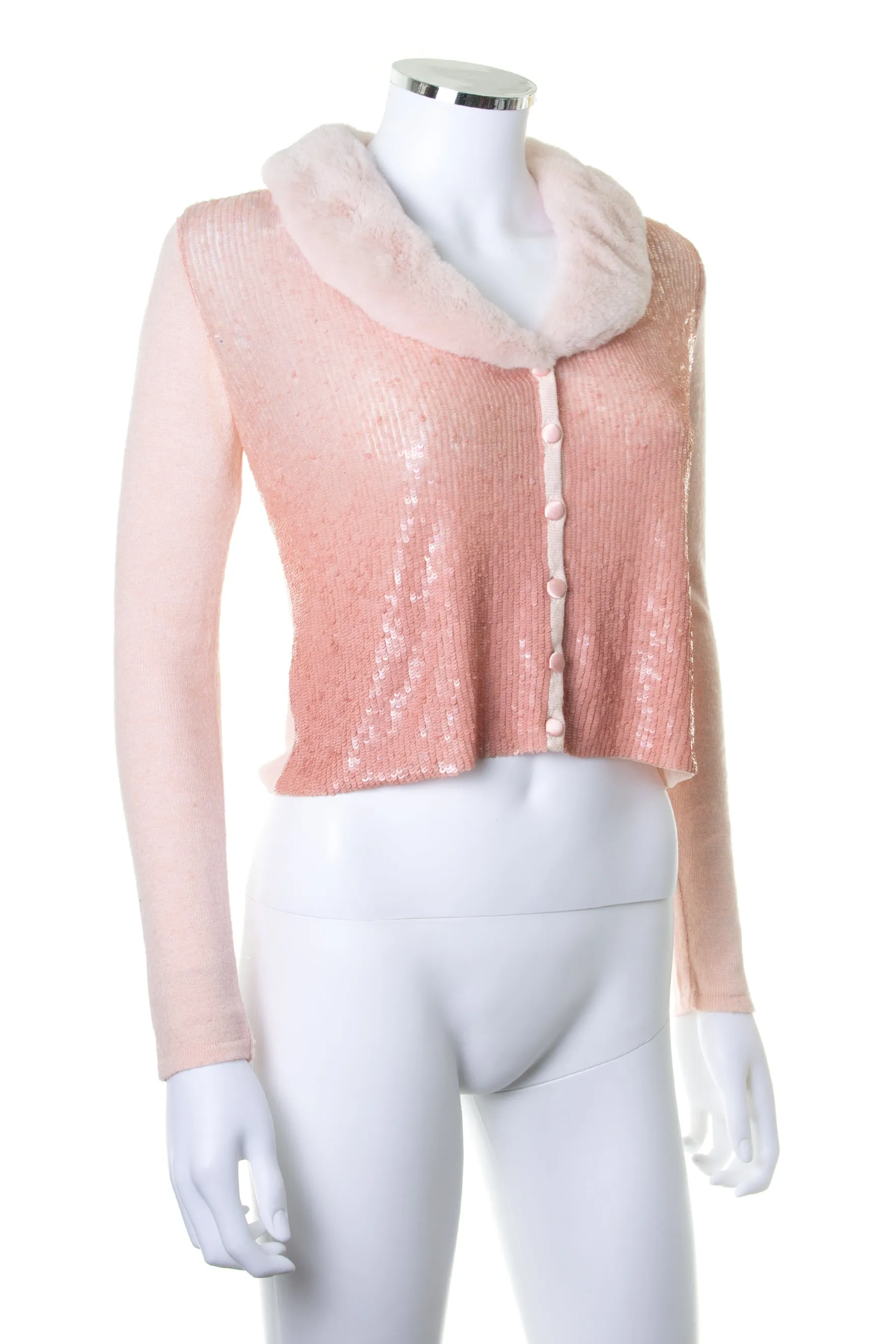 Sequin Cardigan with Fur Collar