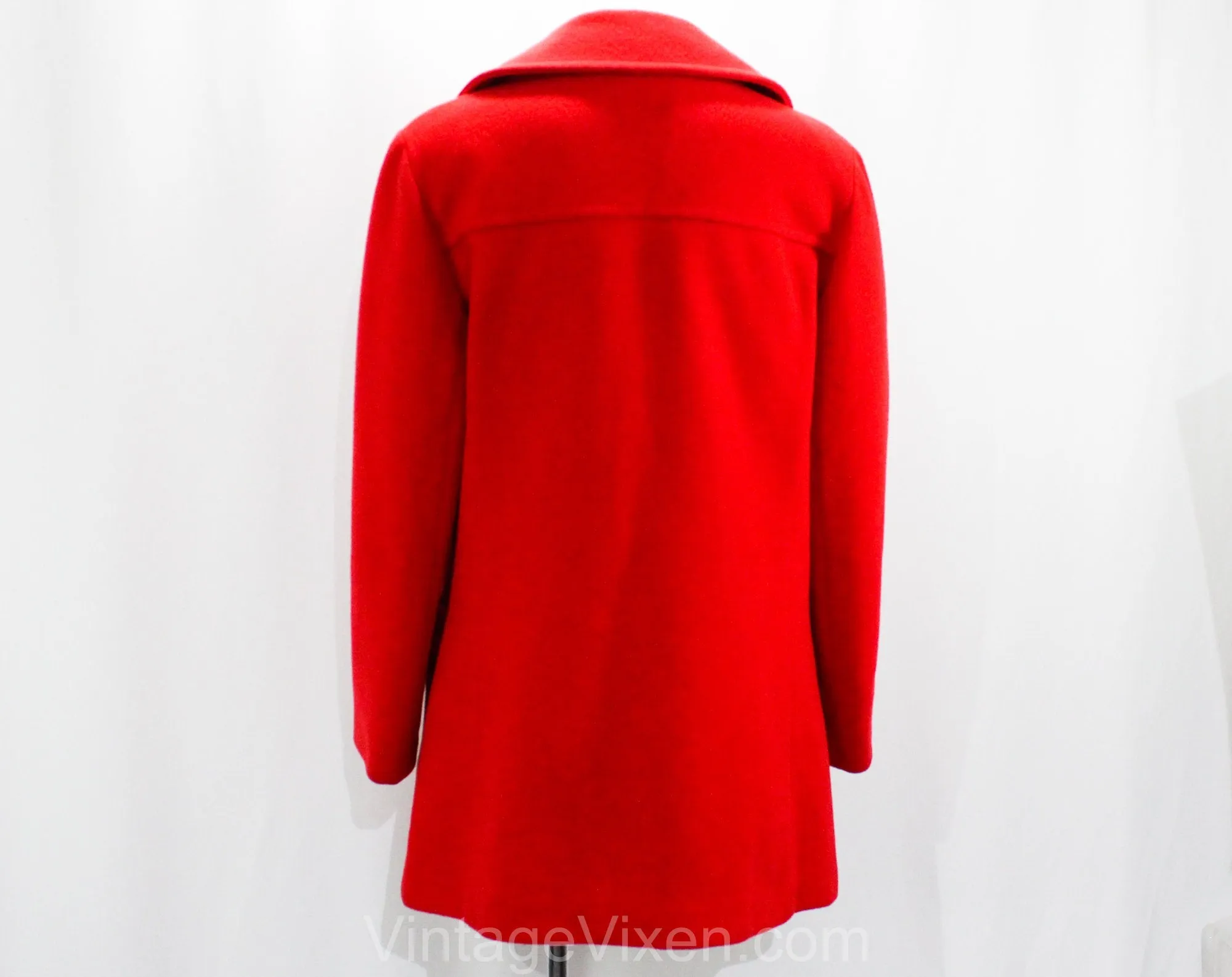 Size 12 Red Coat - Mod 60s 70s Wool Blend Jacket - Double Breasted Hip Length Overcoat - Fall Winter 1960s Modernist Outerwear - Bust 39